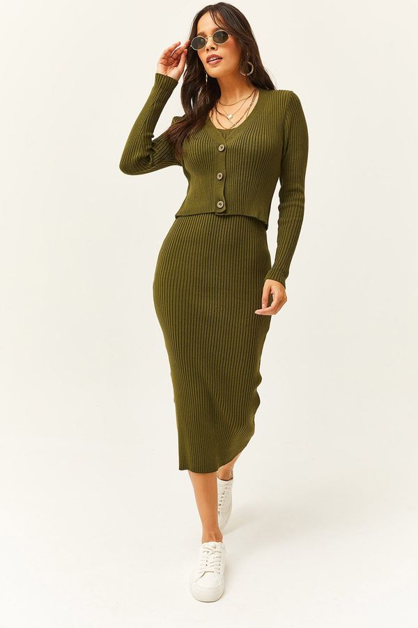 Olalook Olalook Women's Khaki Dress Cardigan 2-Piece Knitwear Suit