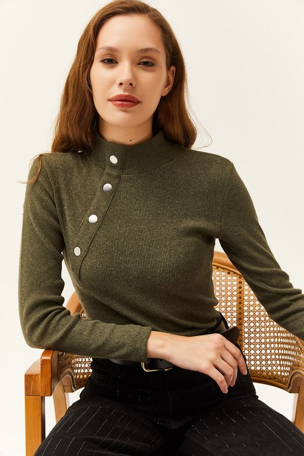 Olalook Olalook Women's Khaki Lycra Button Detailed Half Turtleneck Blouse