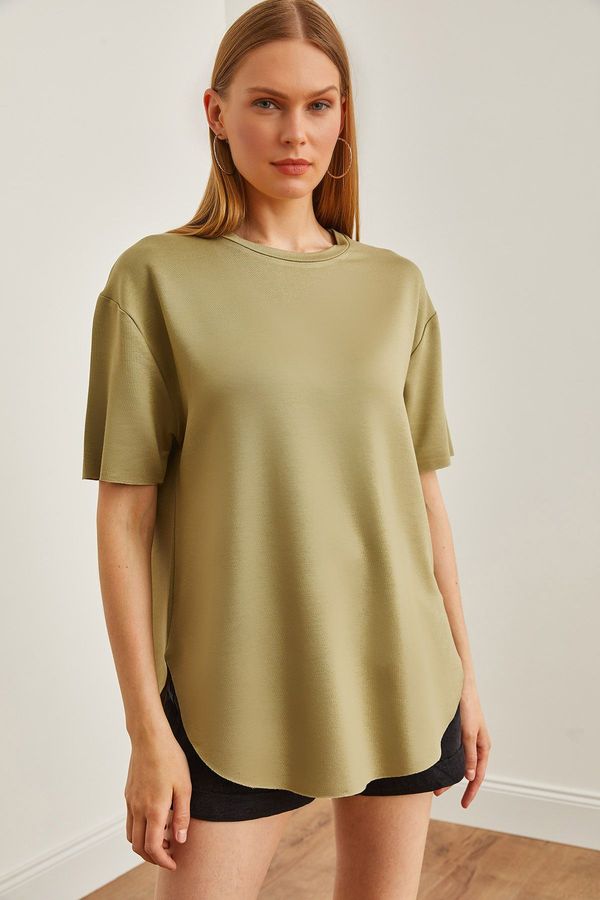 Olalook Olalook Women's Khaki Modal Buttoned Soft Texture Six Oval T-Shirt