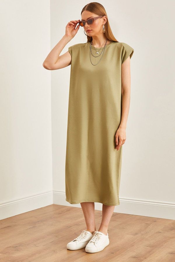 Olalook Olalook Women's Khaki Shoulder Padded Crystal Dress