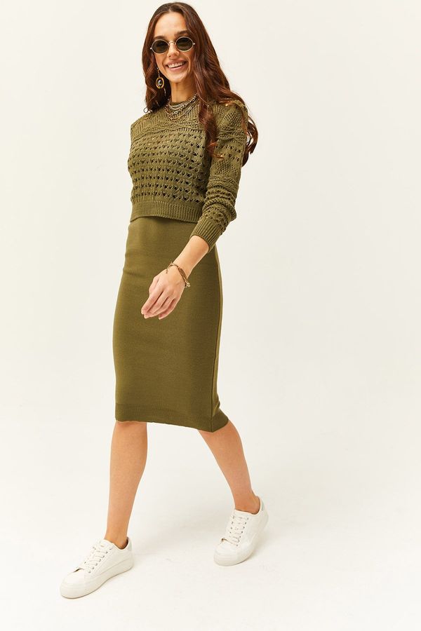 Olalook Olalook Women's Khaki Thin Strap Knitwear Dress Openwork Sweater Suit