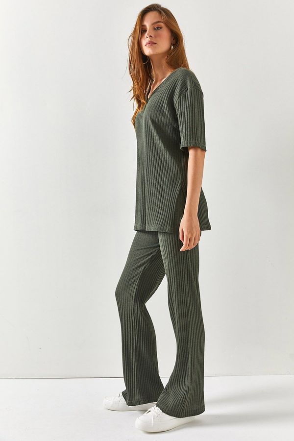 Olalook Olalook Women's Khaki Top V-neck Lower Palazzo Corduroy Suit