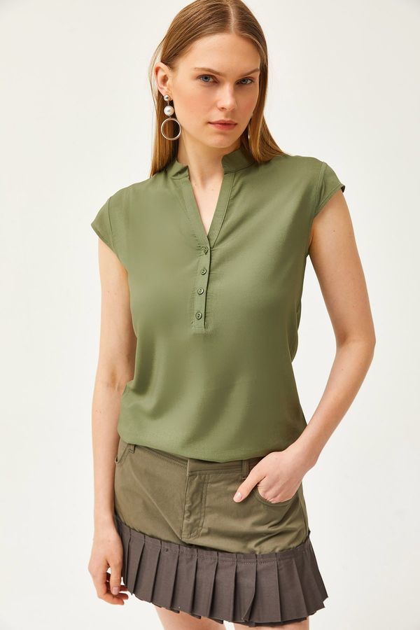 Olalook Olalook Women's Khaki V-Neck 4-Button Viscose Blouse