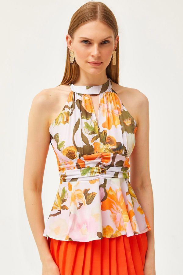 Olalook Olalook Women's Large Flower Orange Halter Neck Waist Detailed Crepe Blouse