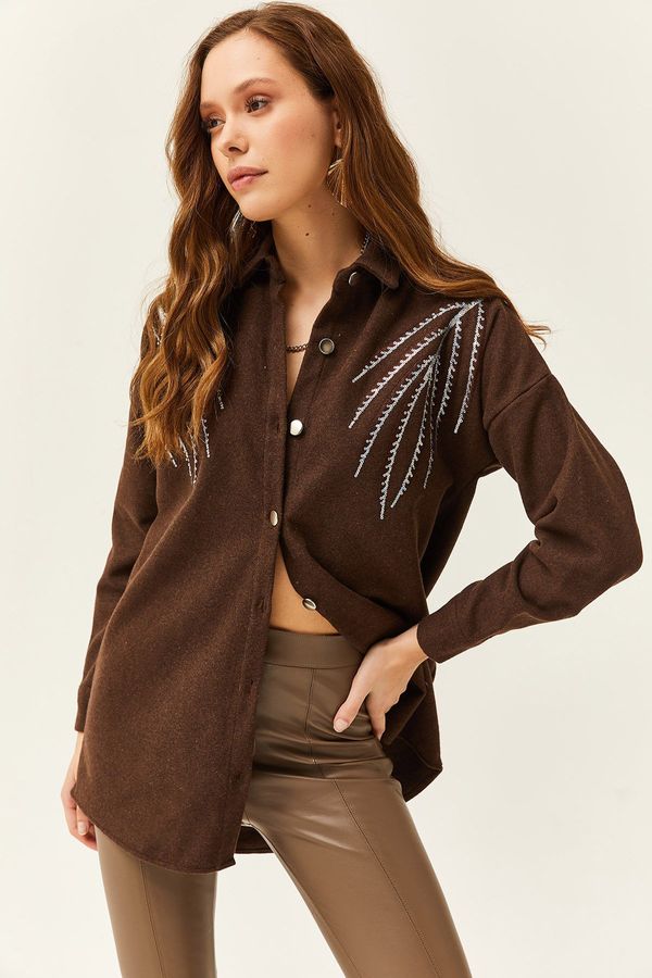 Olalook Olalook Women's Leaf Bitter Brown Stamp Detail Oversize Stamp Shirt