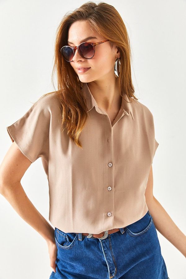 Olalook Olalook Women's Milk Brown Bat Oversize Linen Shirt