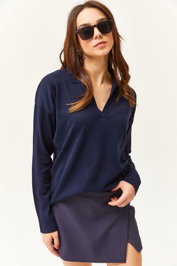 Olalook Olalook Women's Navy Blue Polo Neck Fine Knitwear Sweater