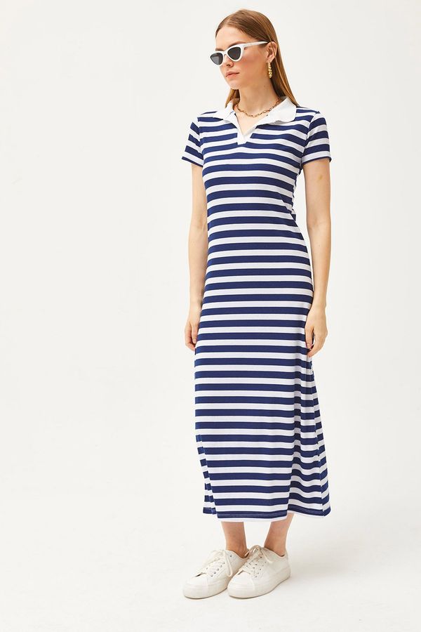 Olalook Olalook Women's Navy Blue Polo Neck Striped Lycra Dress