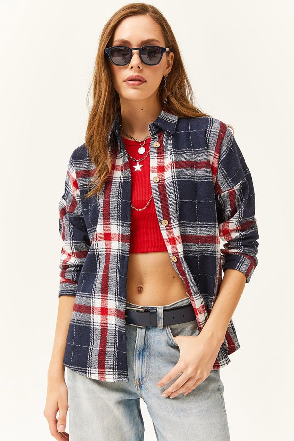 Olalook Olalook Women's Navy Blue Red Plaid Lumberjack Shirt