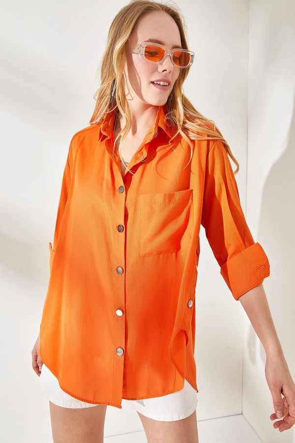 Olalook Olalook Women's Orange Button Detailed Oversize Woven Shirt