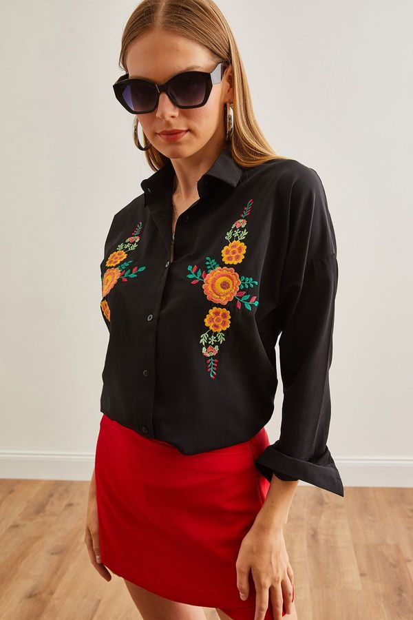 Olalook Olalook Women's Orange Floral Black Embroidery Detailed Oversize Woven Shirt