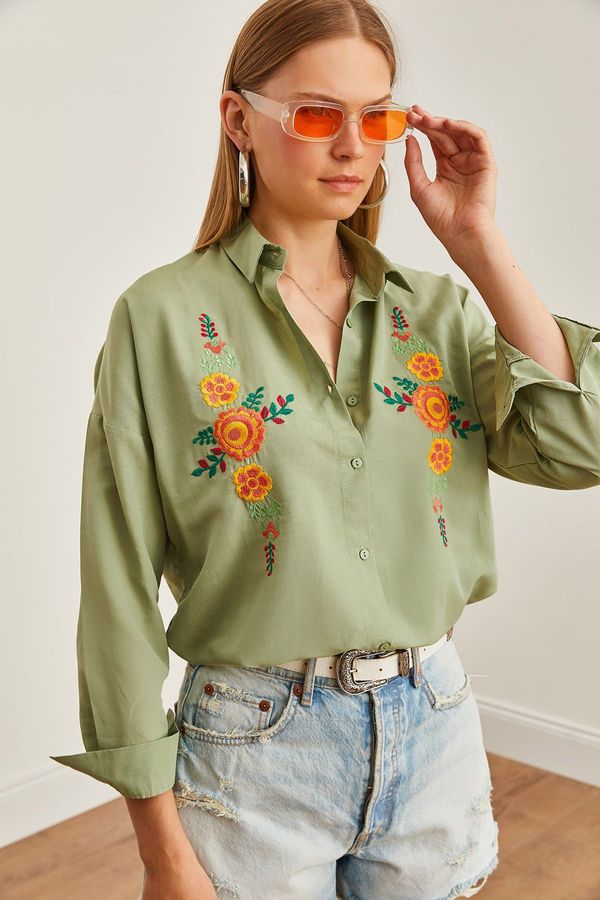 Olalook Olalook Women's Orange Floral Mold Green Embroidery Detailed Oversize Woven Shirt