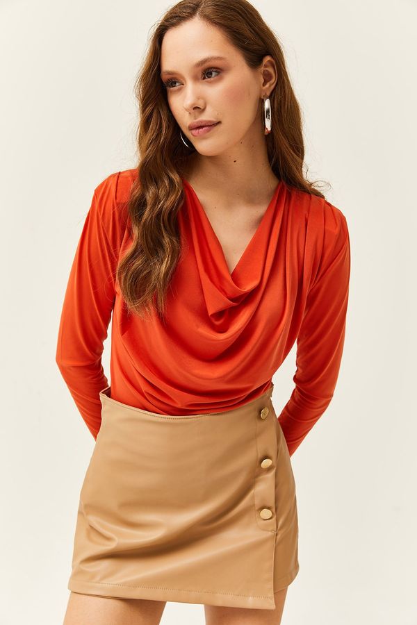 Olalook Olalook Women's Orange Padded Pleated Collar Blouse