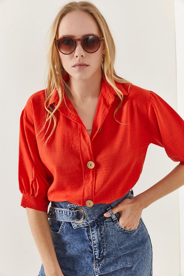 Olalook Olalook Women's Orange Wooden Buttoned Three Quarter Sleeve Linen Shirt