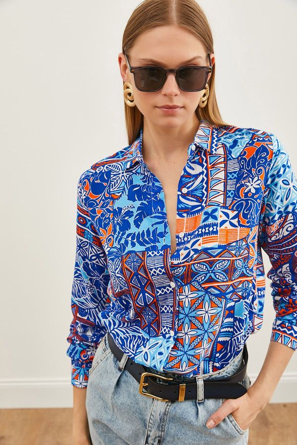 Olalook Olalook Women's Patch Saks Blue Patterned Woven Viscose Shirt