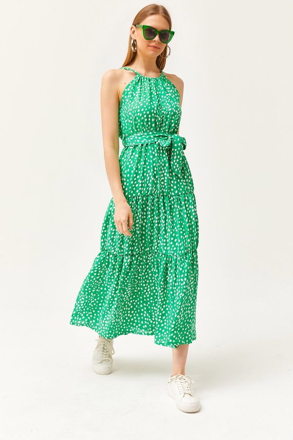 Olalook Olalook Women's Polka Dot Green Halter Neck Belted Woven Viscon Dress