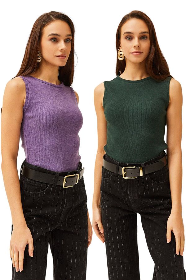 Olalook Olalook Women's Purple Emerald Green Crew Neck 2 Pack Blouse