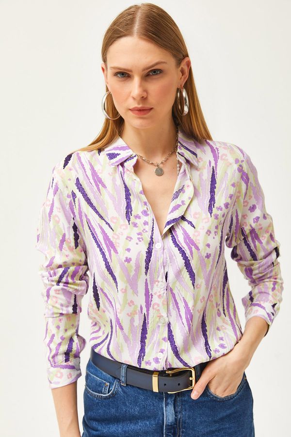 Olalook Olalook Women's Purple Lilac Leaf Patterned Woven Viscose Shirt