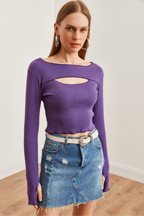 Olalook Olalook Women's Purple Robe Cut Out Finger Detailed Flexible Crop Blouse