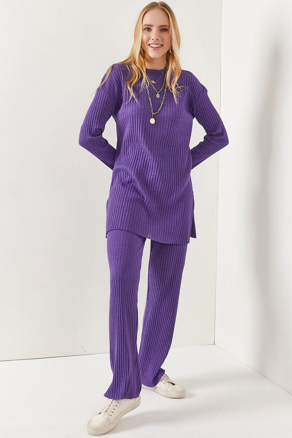 Olalook Olalook Women's Purple Top Slit Blouse Bottom Palazzo Corduroy Suit