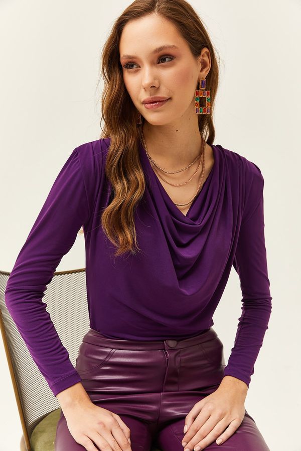 Olalook Olalook Women's Purple Waistband Pleated Turndown Collar Blouse