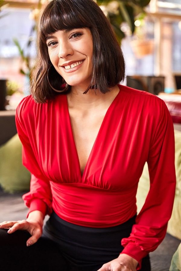 Olalook Olalook Women's Red Deep Decollete Waist Banded Crop Blouse