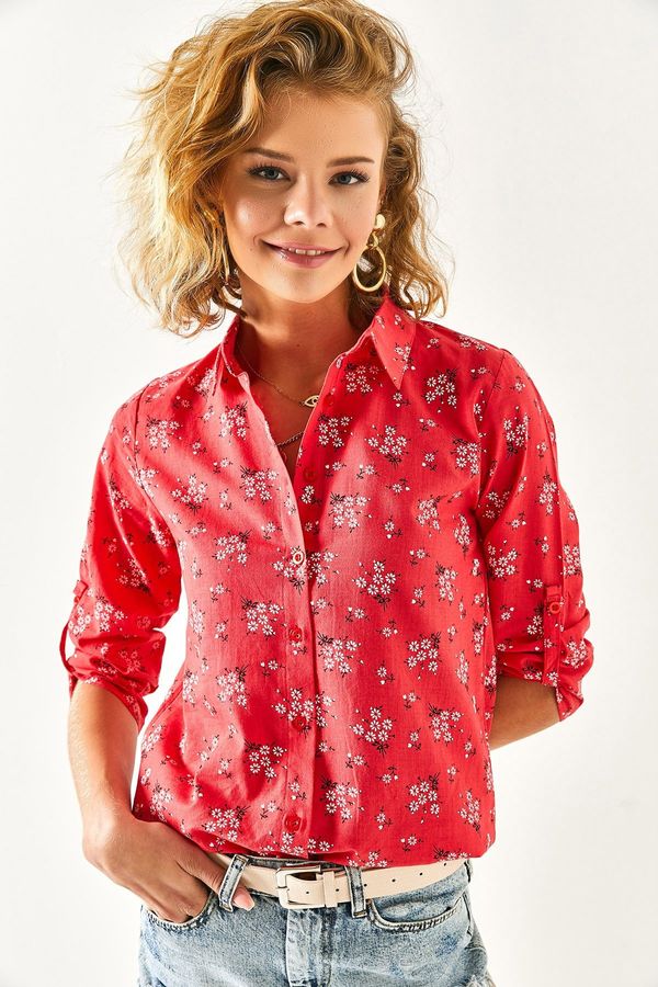 Olalook Olalook Women's Red Floral Sleeve Fold Linen Shirt