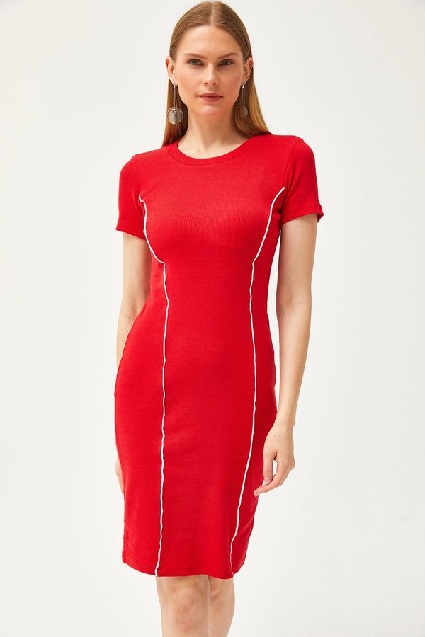 Olalook Olalook Women's Red Stripe Detailed Lycra Mini Cotton Dress