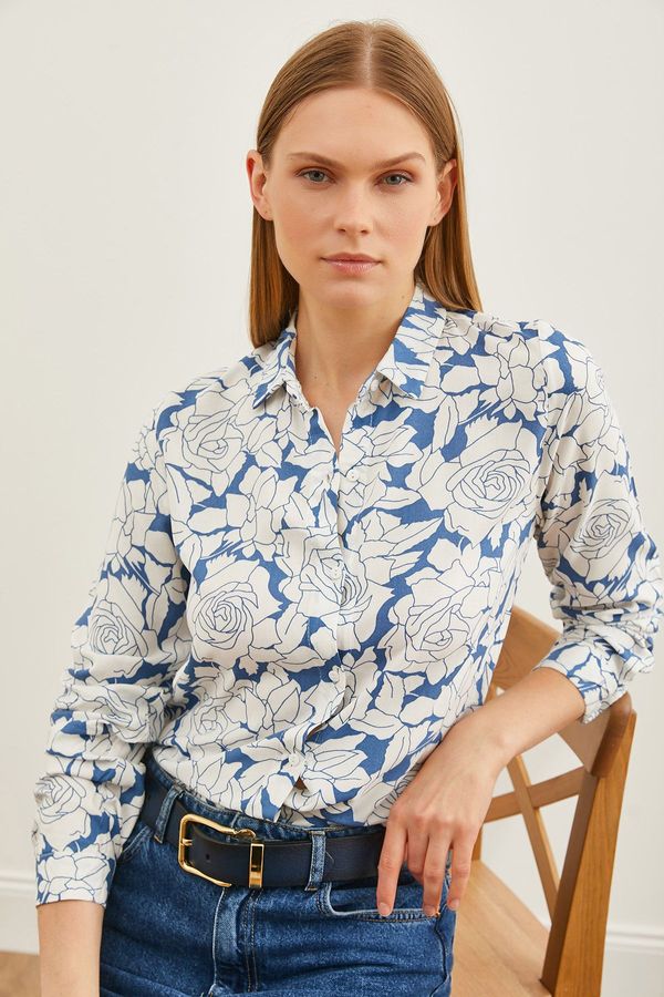 Olalook Olalook Women's Rose Indigo Patterned Woven Viscose Shirt