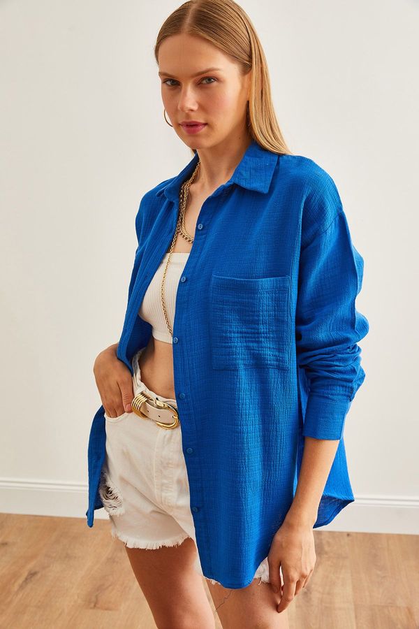 Olalook Olalook Women's Saks Blue Oversize Basic Muslin Shirt