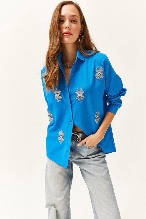 Olalook Olalook Women's Saks Blue Sequin Detailed Woven Boyfriend Shirt