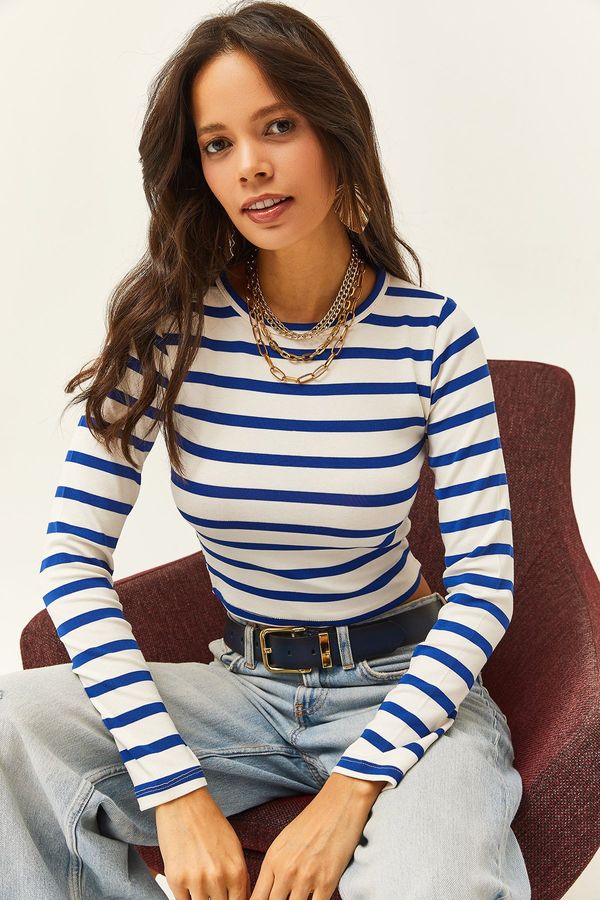 Olalook Olalook Women's Saks Blue Striped Crew Neck Premium Soft Touch Crop Stretchy Blouse