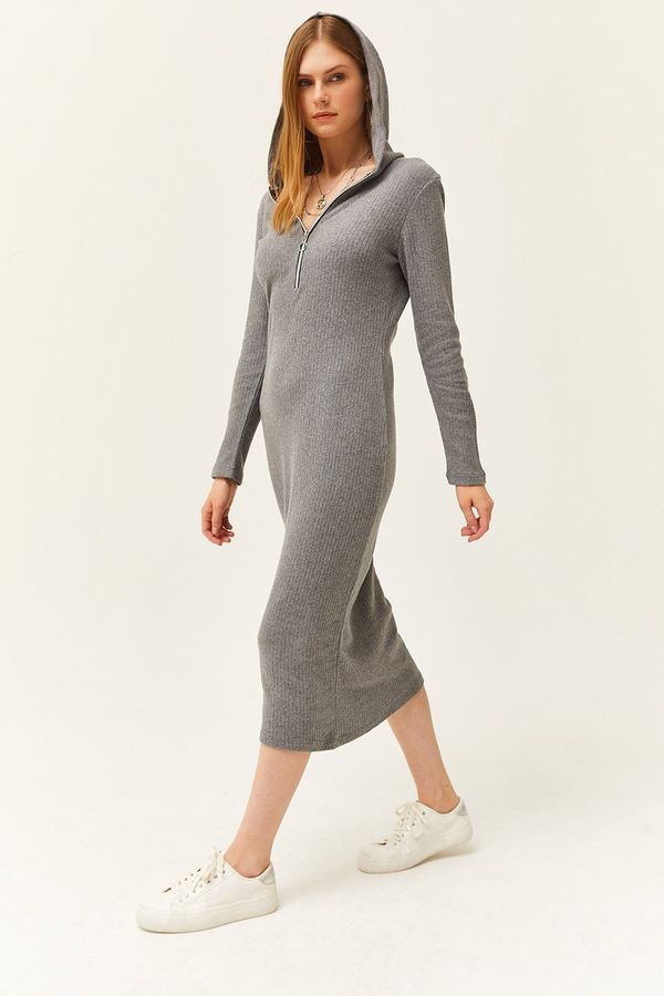 Olalook Olalook Women's Smoked Zippered Hooded Thick Ribbed Midi Dress Elb- 19002028