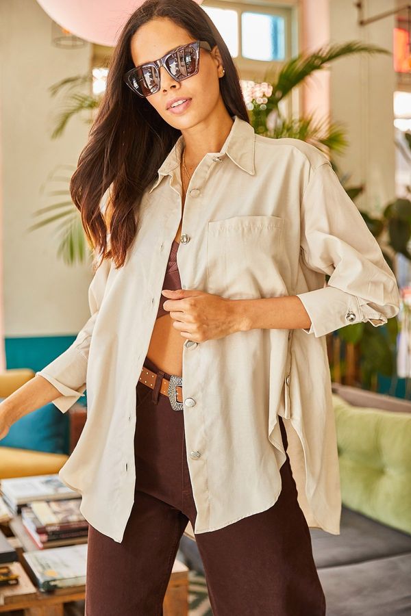 Olalook Olalook Women's Stone Side Button Detailed Oversize Woven Shirt