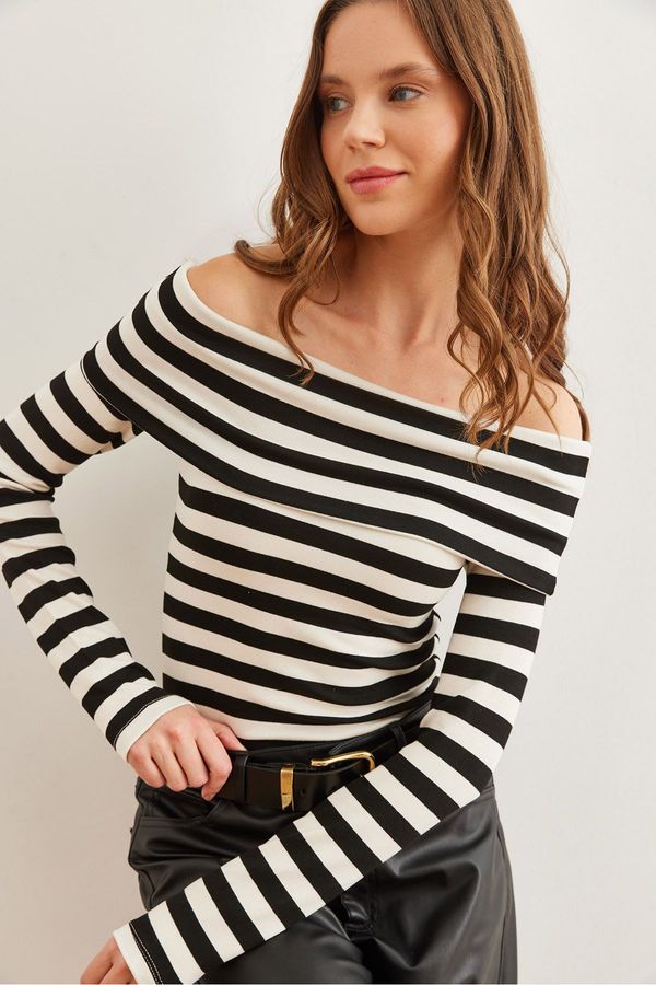 Olalook Olalook Women's Thick Striped Black Madonna Collar Soft Touch Flexible Blouse