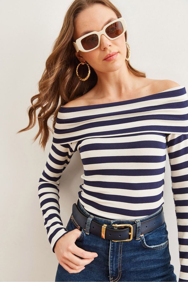 Olalook Olalook Women's Thick Striped Navy Blue Madonna Collar Soft Touch Flexible Blouse