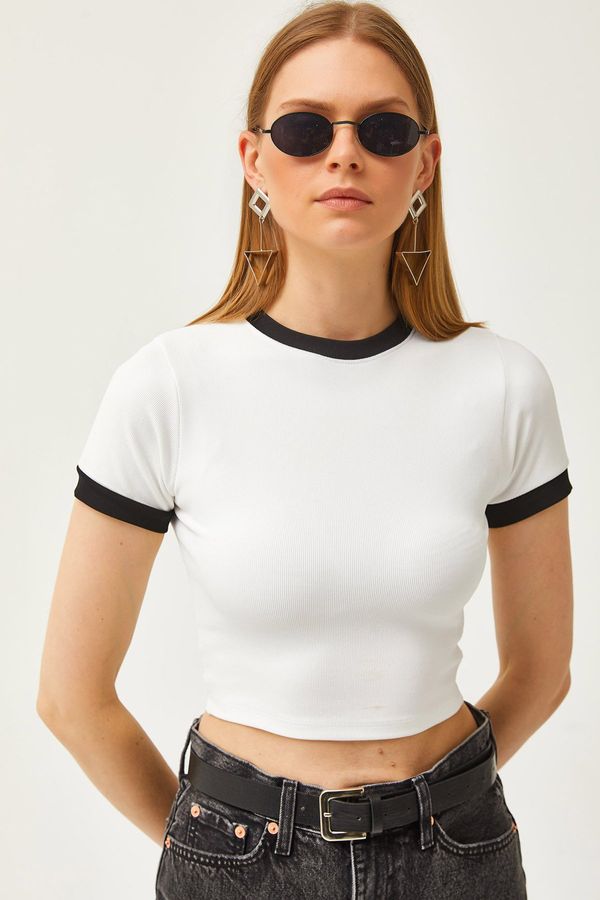 Olalook Olalook Women's White Color Striped Lycra Crop Ottoman Blouse