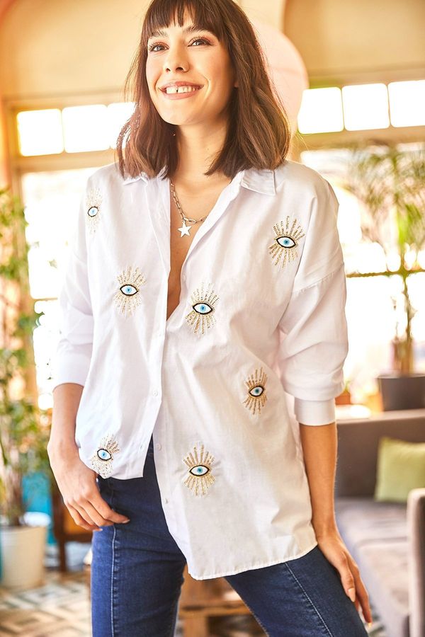 Olalook Olalook Women's White Eye-Sequined Detailed Woven Boyfriend Shirt