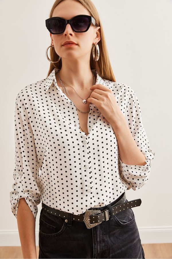 Olalook Olalook Women's White Folded Sleeve Polka Dot Shirt