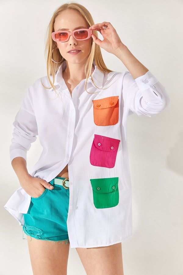 Olalook Olalook Women's White Fuchsia Color Pocket Detailed Oversize Woven Shirt