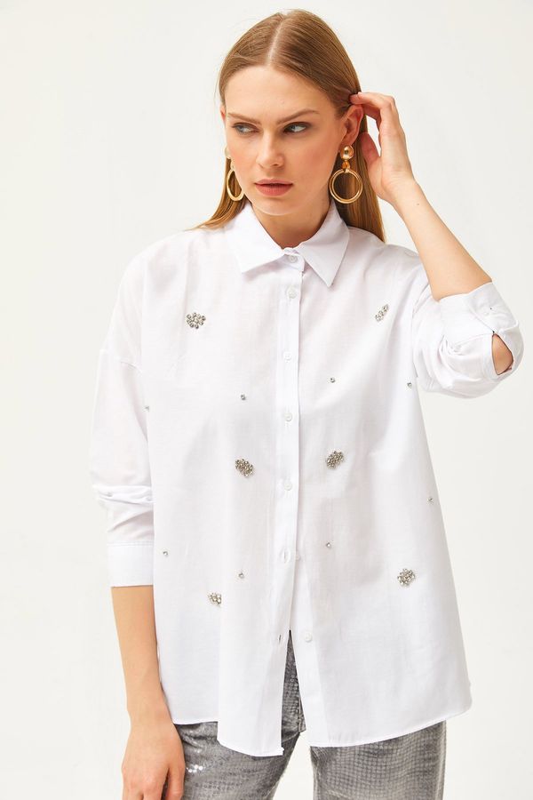 Olalook Olalook Women's White Stone Detailed Woven Shirt