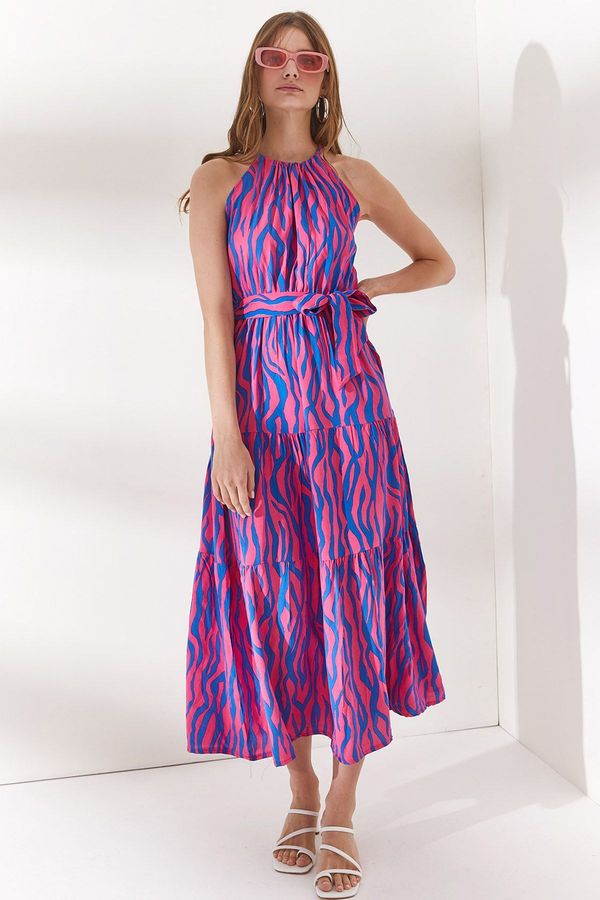 Olalook Olalook Women's Zebra Fuchsia Halter Neck Belted Woven Viscon Dress