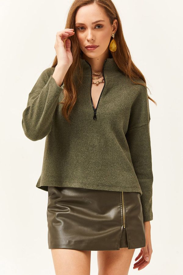 Olalook Olalook ženska kaki zadrga z visokim vratom dvignjen pulover