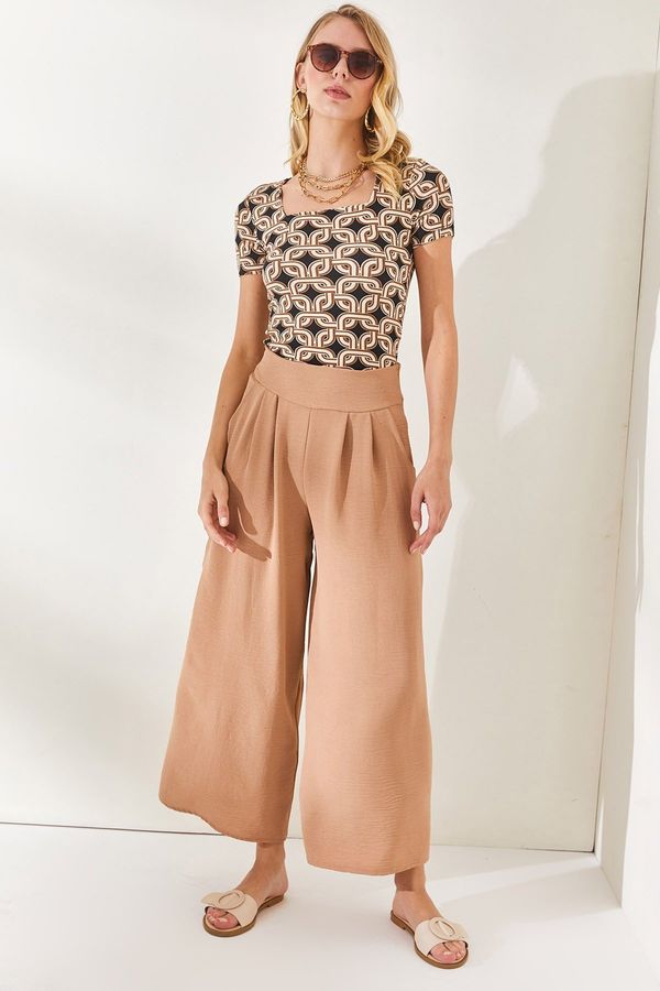 Olalook Olalook ženske bež barve, podrobne tekoče hlače z žepi z zadrgo