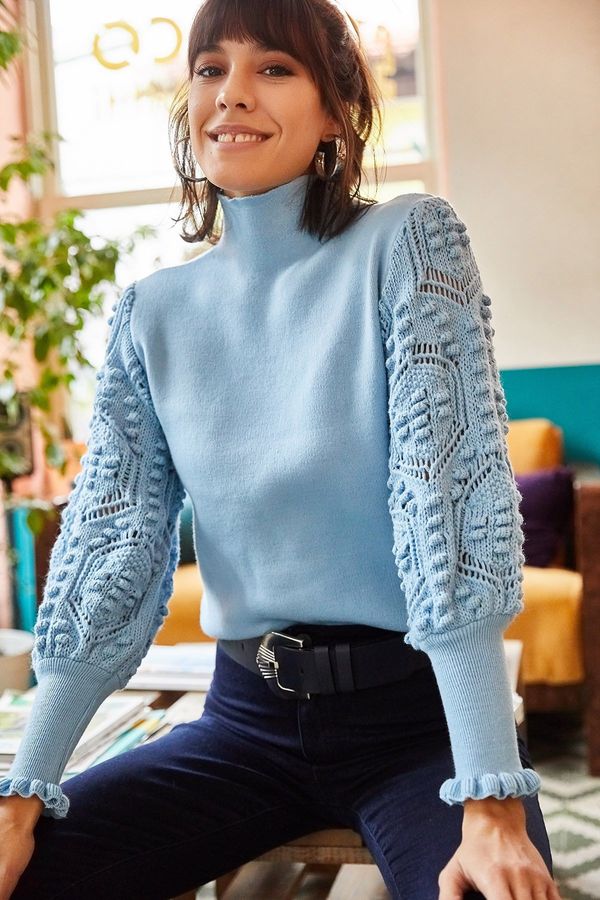 Olalook Olalook ženski otroški modri rokav Podroben mehko teksturiran pulover za pletenine