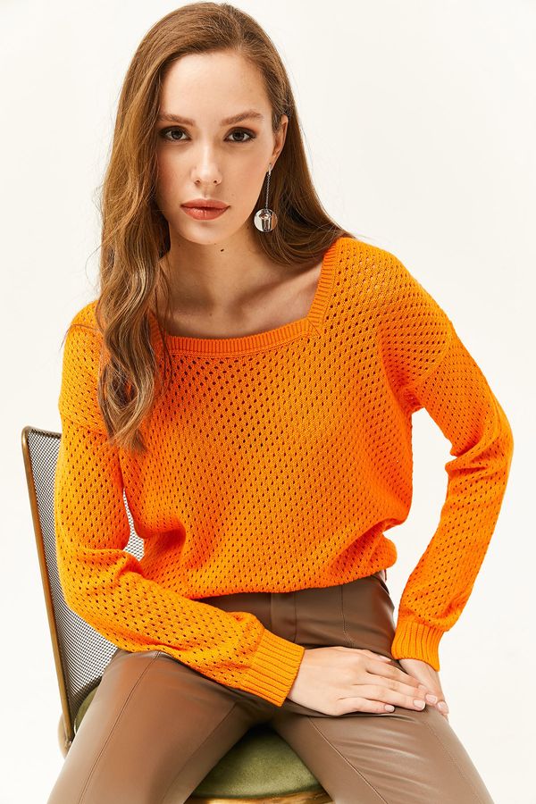 Olalook Olalook ženski pulover za pletenine z oranžnim kvadratnim kvadratnim vratom