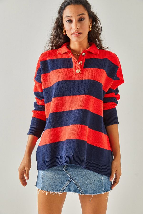 Olalook Olalook ženski rdeči mornarsko modri polo vrat črtasto z gumbi debel pulover za pletenine
