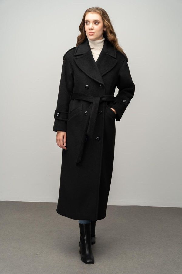 Olcay Olcay Epaulette Detailed Double Breasted Long Coat BLACK 3056