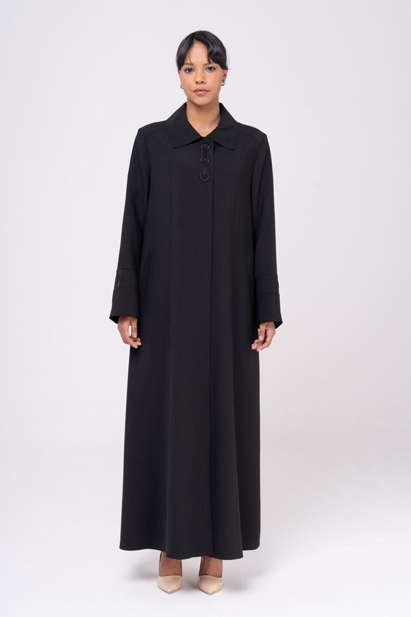 Olcay Olcay Shirt Collar Embroidered Detailed Lined Plus Size Overcoat BLACK 6553