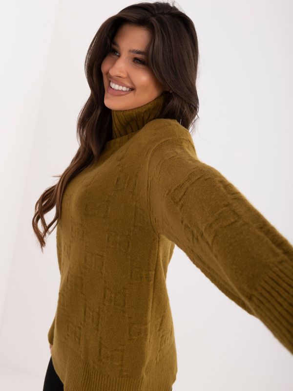 Fashionhunters Olive green loose turtleneck sweater with patterns